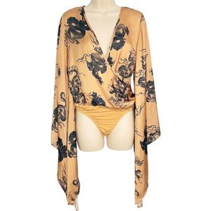 Missguided Deep V Neck Golden Dragon Kimono Sleeve Faux Wrap Bodysuit 8